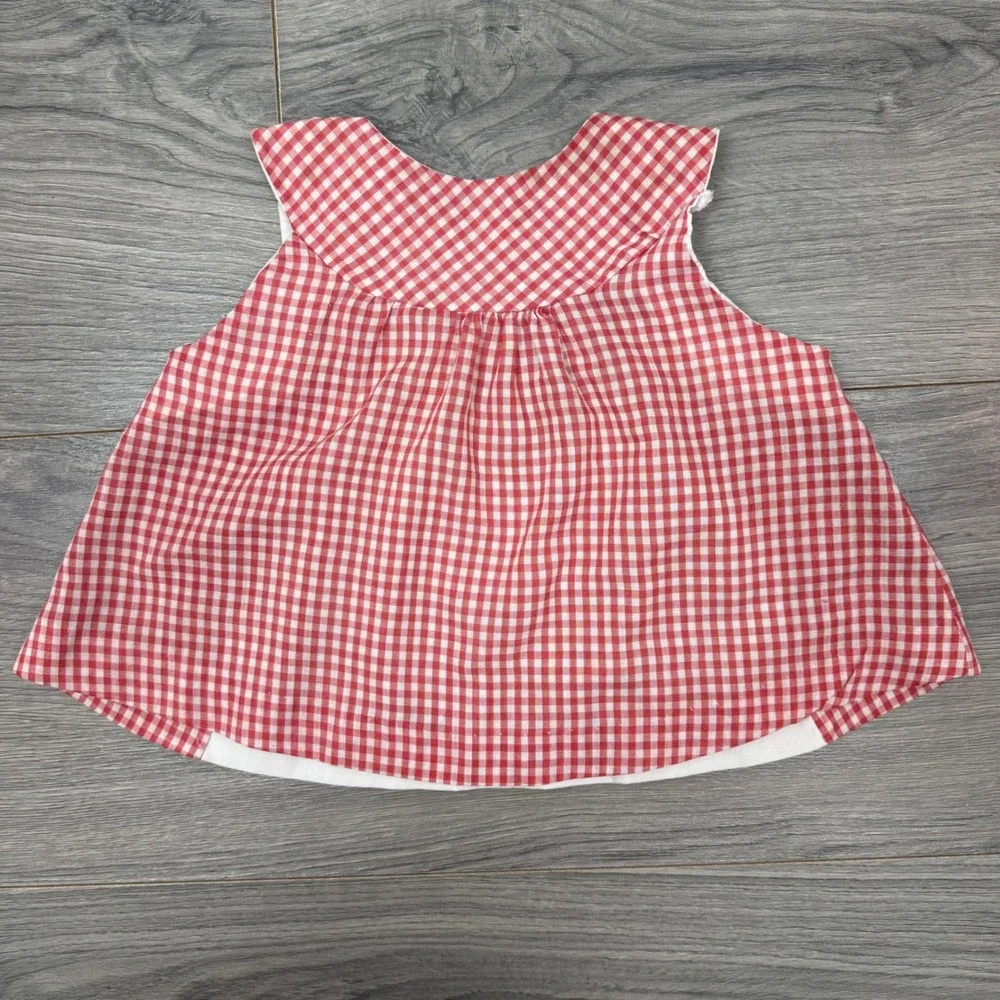 Vintage Red Gingham Mushroom House Baby Dress 3-6M Sleeveless Strawberry Button